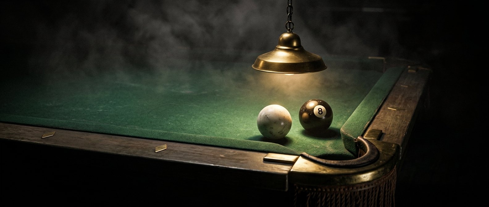 A cue ball and eight ball on green felt under a single brass lamp, near a leather corner pocket